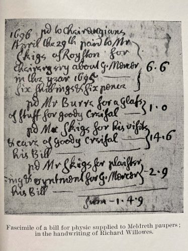 Facsimile of a bill for physic supplied to Meldreth paupers; in the handwriting of Richard Willowes | From Richard Willowes, Vicar of Meldreth by W M Palmer