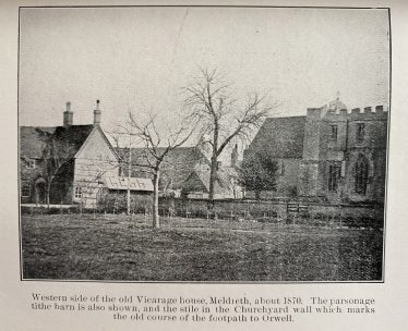 Western side of the old Vicarage House, Meldreth c. 1870<br> The parsonage tithe barn is also shown and the stile in the churchyard wall which marks the old course of the footpath to Orwell. | https://www.meldrethhistory.org.uk/people/individuals-3/richard_willowes