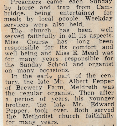 Extract from newspaper article, 18th October 1970, recording 'faithful service' to the Meldreth Wesleyan Methodist Chapel and Sunday School at the time of their closure | Cambridge Independent Press, 