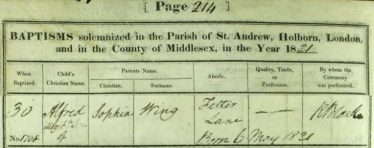 The record of Alfred's birth to Sophia Wing in 1821 | Supplied by Trevor Hamilton