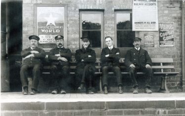 Station staff on Meldreth & Melbourn Railway Station in the 1920s.  From left to right: Mr Allen, Mr Hale, Mr William Vellum, Mr Scott (Station Master) and Leonard Dodkin (clerk). (for more information on this photo please scroll down and click on the document link at the bottom of this page). | Melbourn Magazine, Winter 2002