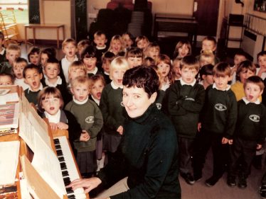 Mrs Brown, during the sponsored piano play | Photograph courtesy of Meldreth Primary School