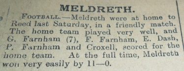 The first recorded mention of Meldreth Football Club newspaper clip | Royston Crow, 4th November 1921