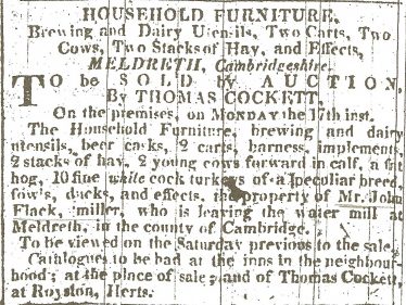 The advertisement detailing the sale of John Flack's goods when he left Topcliffe Mill