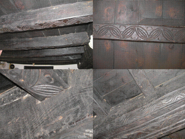 Four views of the carving on the roof beams in the lounge of Bramble Cottage. | Photographed by Tim Gane in February 2008