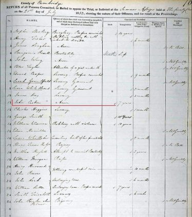 Cambridge Summer Assizes 1852 | England and Wales Criminal Registers, 1791-1892 accessed at ancestry.com, 10 August 2016