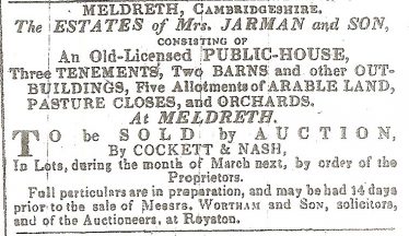 Jarmans were in the beer trade long before they started brewing.  The 1841 census listed a John Jarman, aged 20 as a beer merchant.  In 1845 John Jarman and his mother, Elizabeth, are selling their estate (this photo) although it is not known which pub is referred to in the article. | Cambridge Chronicle Mar 8 1845