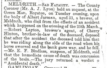 A sad end to Meldreth's brewer at only 33 years of age | Cambridge Chronicle April 19 1895