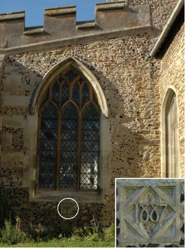 The east side of the south aisle of Holy Trinity Church, Meldreth with a date of 1887 (the year the Pike Chapel was demolished) underneath the window | Photograph by Kathryn Betts