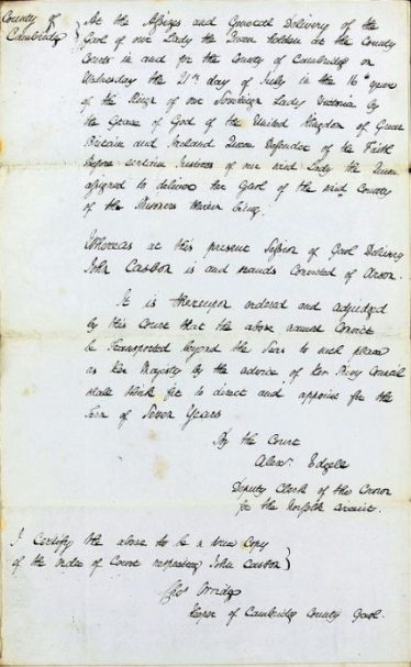 Court Summary of John Casbon's conviction and sentence | England and Wales, Crime, Prisons and Punishment, 1770-1935; accessed on FindMyPast