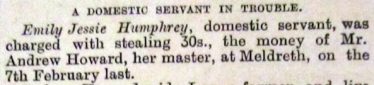 Extract from the newspaper report, March 1891, summarising the case against Emily Humphrey | Royston Crow