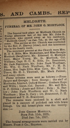 The Funeral of John George Mortlock The Funeral of John George Mortlock | Herts. & Cambs Recorder, 26th January 1917