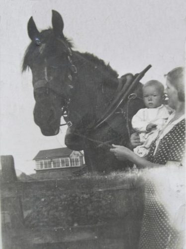 Kathleen Winter with her mother Mildred in 1938 with 'Tom' one of the horses who worked in the Goods Yard.  Kathleen remembers having rides on Tom's back.  Note the signal box in the background. | Kathleen Murdon