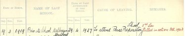 An extract from the school admissions register, showing the entry for James Howard | Photograph courtesy of Meldreth Primary School