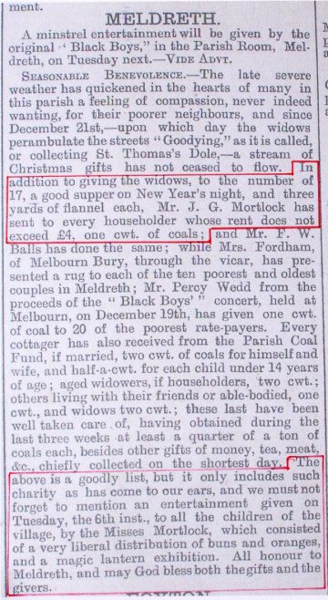 The Widows Annual Supper in 1891 | Royston Crow January 16th 1891