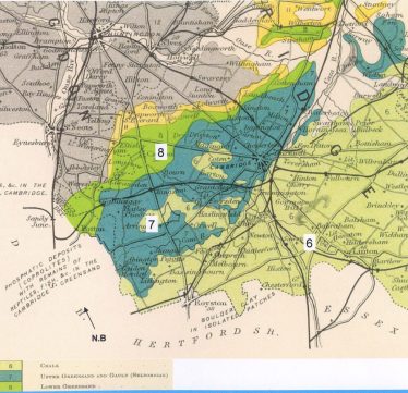 Map showing Greensand deposits containing coprolites | Geological map of south east Cambridgeshire after Woodward, 1904 based on Reynolds Ian West 2001