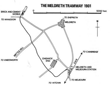 Map showing the route of Puffing Billy from the factory to Meldreth Station.  The line was initially installed in 1901 by the Meldreth Portland Cement Company and ran for 1.5 miles. | Source: Industrial Locomotive Society , (Industrial Railway Record, Sep 2002, No 170, p93)