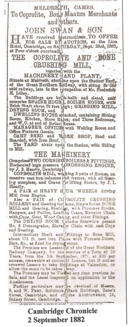 Advert for sale of Meldreth coprolite mill | Cambridge Chronicle