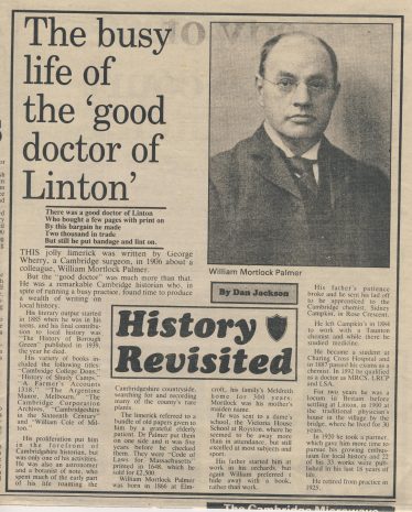 A newspaper cutting précising the life of William Mortlock Palmer