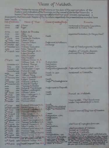 Meldreth, list of vicars displayed in the church | Peter Draper