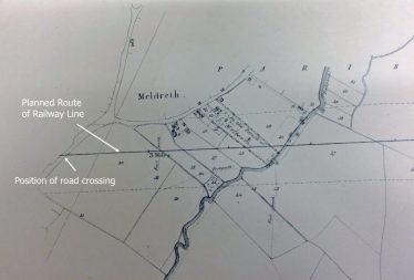 The planned route of the railway line through Meldreth The planned route of the railway line through Meldreth | Parliamentary Archives, HL/PO/PB/3/plan1847/E85. Photographed by Angus Bell.