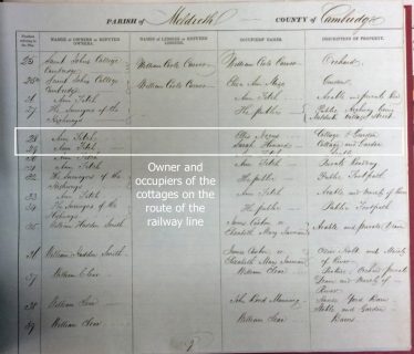 The owners and occupiers of the cottages situated at the point of the road / rail crossing in Meldreth | Parliamentary Archives, HL/PO/PB/3/plan1847/E85. Photographed by Angus Bell.