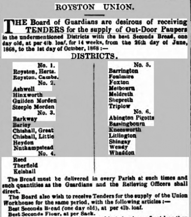 Advertisement in Cambridge Chronicle and Journal, 13th June 1868, inviting tenders for the supply of day-old bread for 'Out-Door Paupers' in Meldreth and elsewhere | britishnewspaperarchive.co.uk