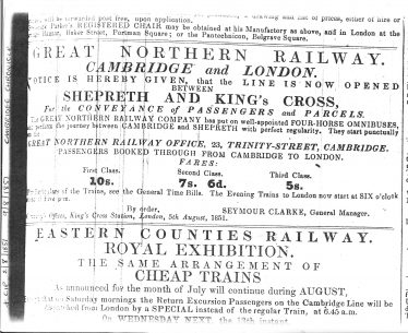 Advertisment for the opening of the railway line between Shepreth and Kings Cross.  Horse drawn omnibuses were required to complete the journey into Cambridge. | Cambridge Chronicle 2/8/1851