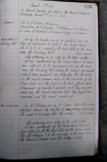 Page from the Meldreth Parish Council Minute Book for March 1914 minuting the poor state of the disused tramway with the recommendation for its removal. Page from the Meldreth Parish Council Minute Book for March 1914 minuting the poor state of the disused tramway with the recommendation for its removal.