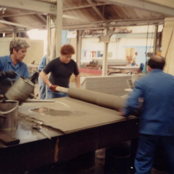 Step 8 Linda Pettit and Steve Manning Handmoulding the Wet Sheet Step 8 Linda Pettit and Steve Manning Handmoulding the Wet Sheet | Photo courtesy of Linda Clarke