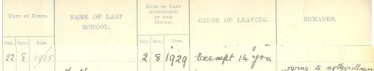 An extract from the school admissions register, showing the date Albert Walbey left the school | Photograph courtesy of Meldreth Primary School